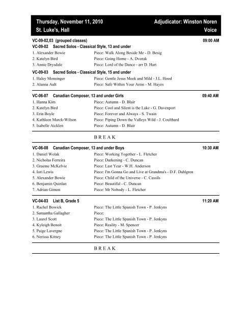 Programme Schedule - Rotary Burlington Music Festival