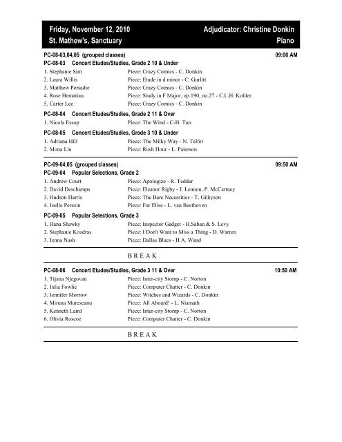 Programme Schedule - Rotary Burlington Music Festival