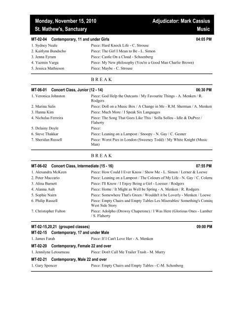 Programme Schedule - Rotary Burlington Music Festival