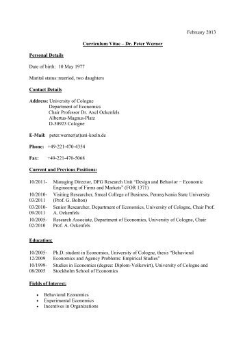 February 2013 Curriculum Vitae â Dr. Peter Werner Personal Details ...