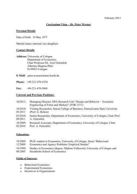 February 2013 Curriculum Vitae â Dr. Peter Werner Personal Details ...