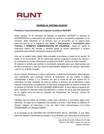 INGRESO AL SISTEMA HQ-RUNT Problema: Inconvenientes para ...