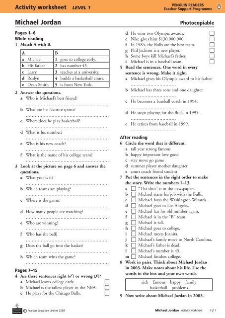 Activity Worksheet - Penguin Readers Level 1: Michael Jordan