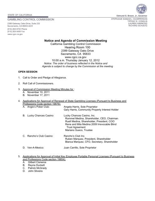 Notice And Agenda Of Commission Meeting California Gambling