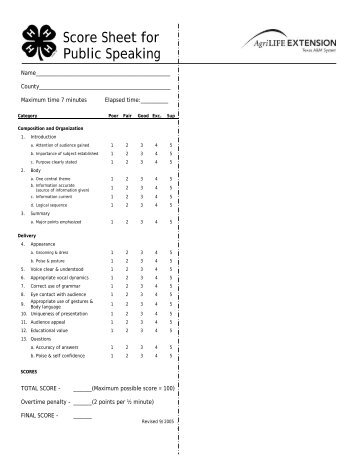 Public Speaking Score Sheet - Texas 4-H and Youth Development
