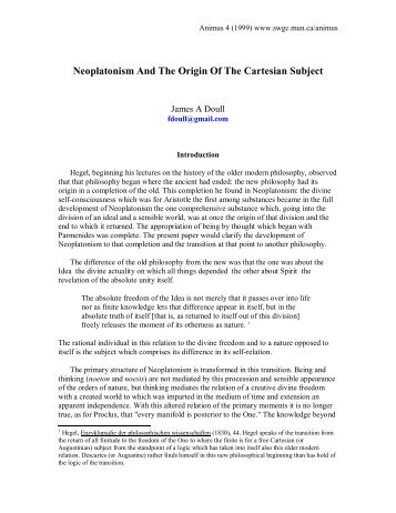 Neoplatonism And The Origin Of The Cartesian Subject