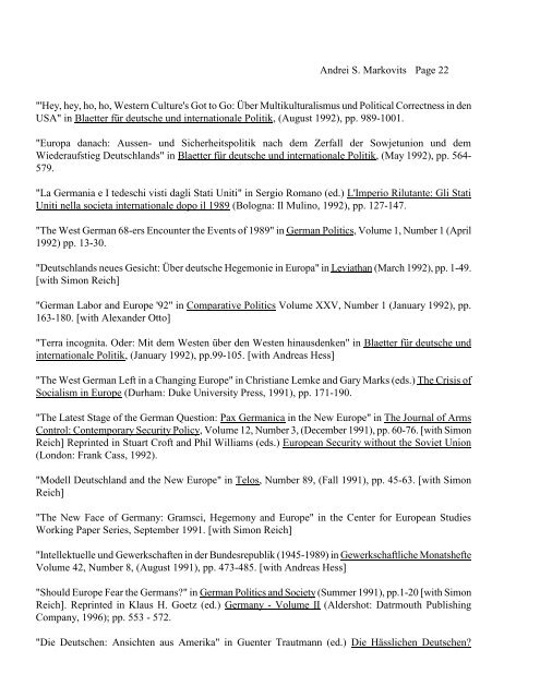 View Andrei S. Markovits's CV. - College of Literature, Science, and ...