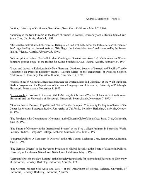 View Andrei S. Markovits's CV. - College of Literature, Science, and ...