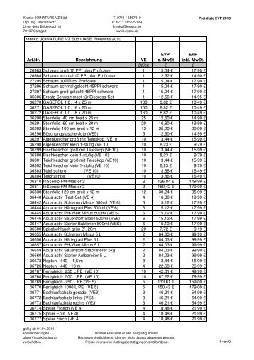 Kresko JOINATURE VZ Süd OASE Preisliste 2010 Art.Nr ...