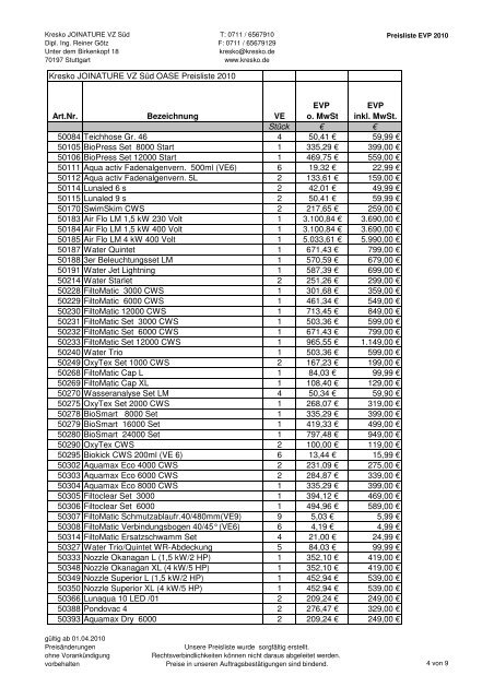 Kresko JOINATURE VZ Süd OASE Preisliste 2010 Art.Nr ...