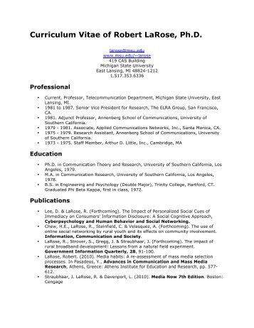 Curriculum Vitae of Robert LaRose, Ph.D. - Quello Center for ...