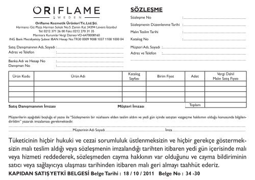 Tüketicinin hiçbir hukuki ve cezai sorumluluk ... - Oriflame