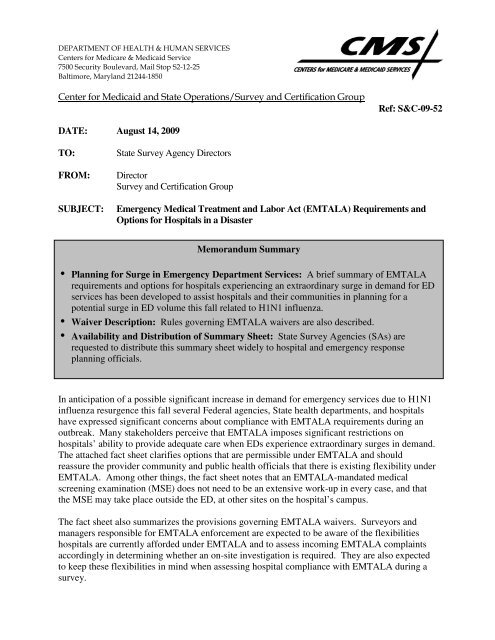 CMS Memo: EMTALA Requirements & Options for Hospitals in ...