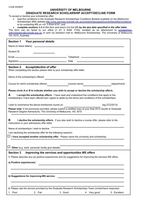 Accept/Decline Form - Student Services - University of Melbourne