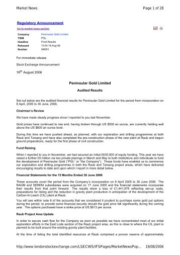 Final Results - Peninsular Gold Limited