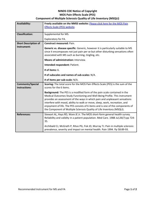 MOS Pain Effects Scale (PES) - NINDS Common Data Elements