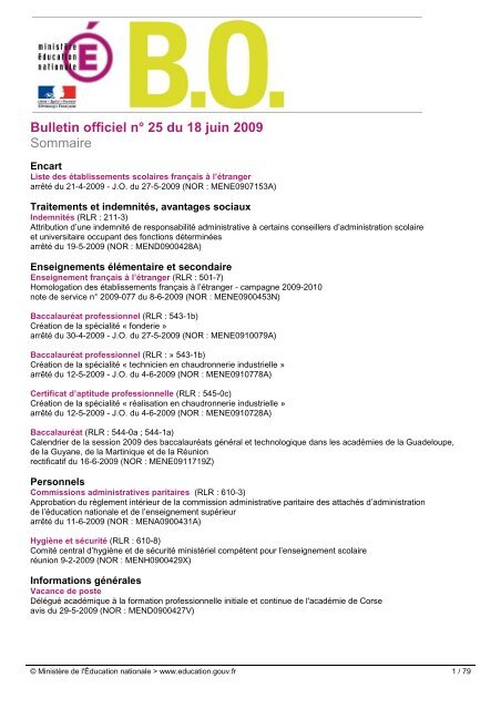 Bulletin officiel nÂ° 25 du 18 juin 2009