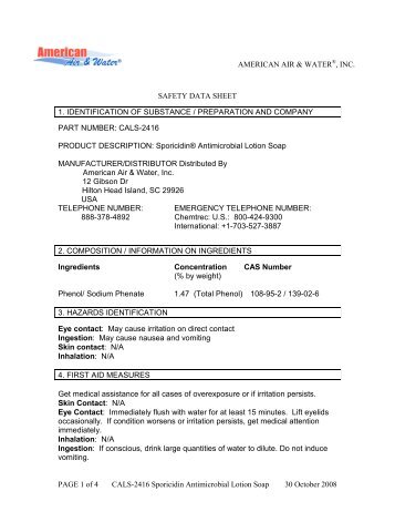 MSDS Antimicrobial Lotion Soap Pump - American Air & Water