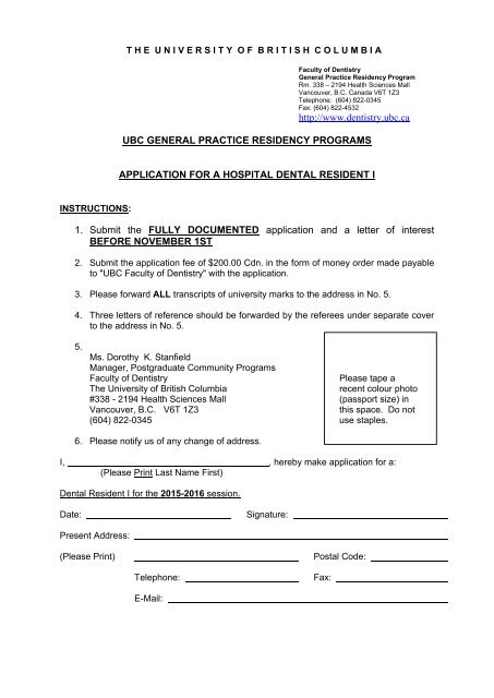Printable Application Form - UBC Dentistry - University of British