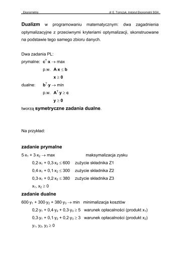 Dualizm w programowaniu matematycznym: dwa zagadnienia ...