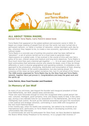 ALL ABOUT TERRA MADRE, In Memory of Jan Wolf - Slow Food