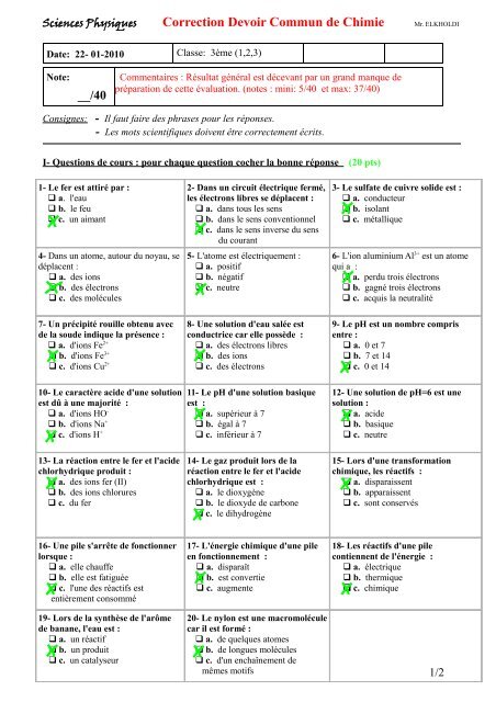 Correction Devoir Commun De Chimie