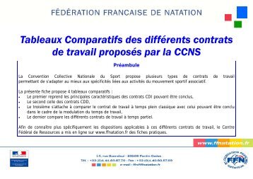 Tableaux comparatifs des contrats de travail proposÃ©s par la CCNS