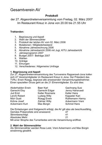 Gesamtverein Protoll AV 2007 - Turnverein Rapperswil-Jona