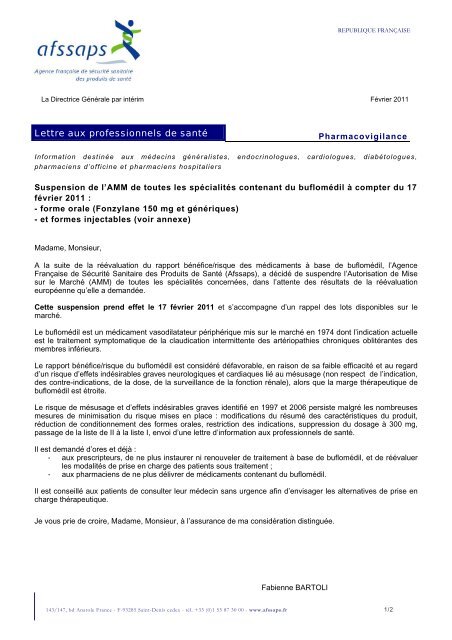 Lettre aux professionnels de santÃ© - ANSM