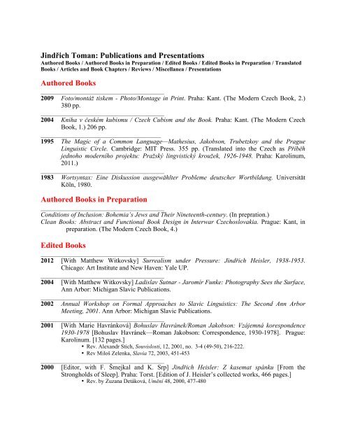 View Jindrich Toman's CV. - College of Literature, Science, and the ...