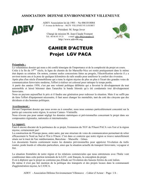CAHIER D'ACTEUR Projet LGV PACA - ADEV
