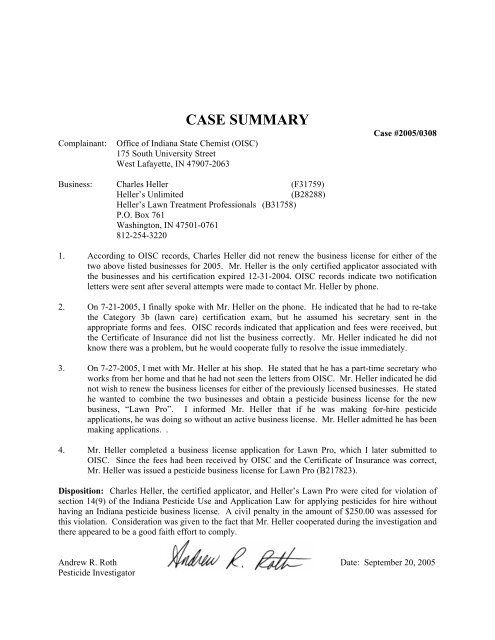 CASE SUMMARY - Office of Indiana State Chemist