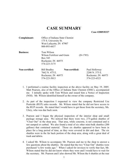 CASE SUMMARY - Office of Indiana State Chemist