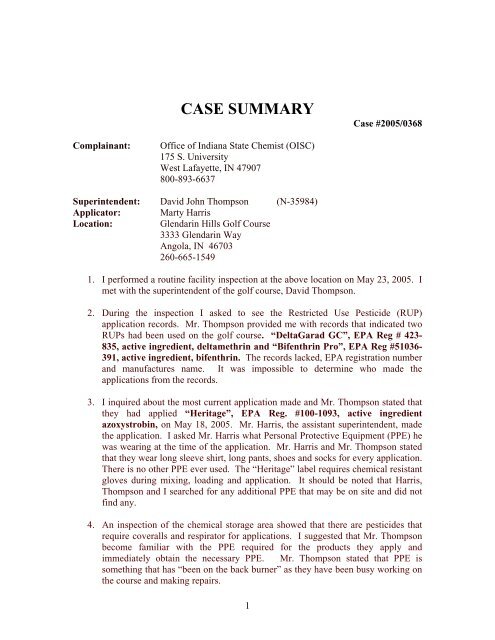 CASE SUMMARY - Office of Indiana State Chemist