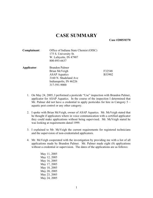 CASE SUMMARY - Office of Indiana State Chemist