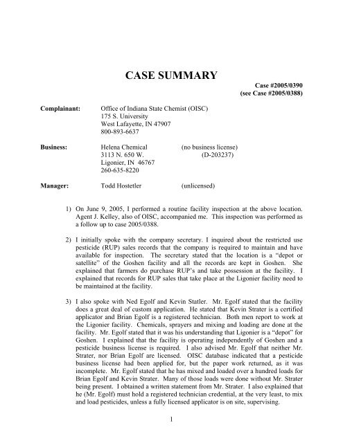 CASE SUMMARY - Office of Indiana State Chemist