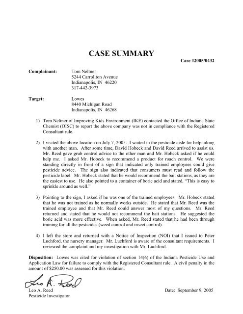 CASE SUMMARY - Office of Indiana State Chemist