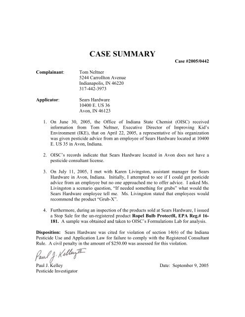 CASE SUMMARY - Office of Indiana State Chemist