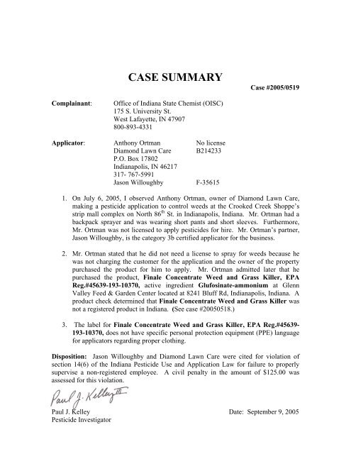 CASE SUMMARY - Office of Indiana State Chemist