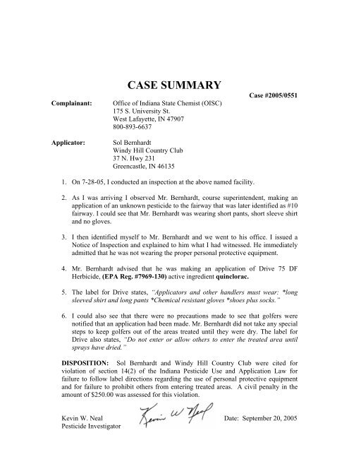 CASE SUMMARY - Office of Indiana State Chemist