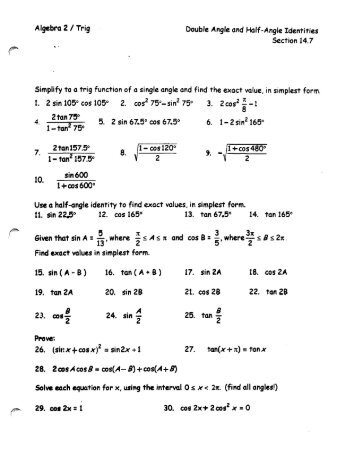 Algebra 2 / Trig > Double Angle and Half-Angle Identities