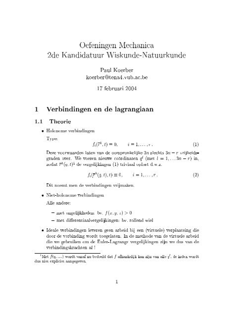 Oefeningen Mechanica 2de Kandidatuur Wiskunde-Natuurkunde ...