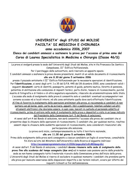 Prova di accesso al IÂ°anno del corso di laurea specialistica in ...