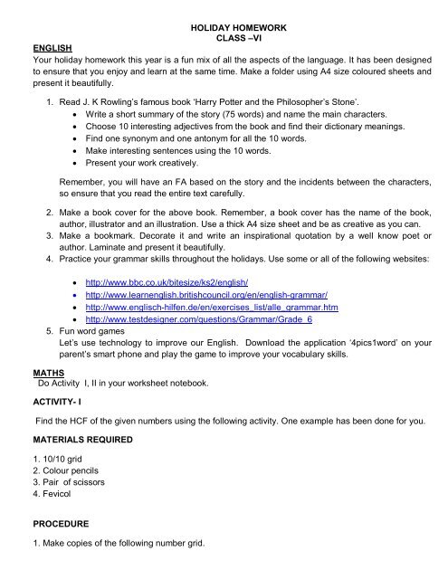 HOLIDAY HOMEWORK CLASS âVI ENGLISH Your holiday ...