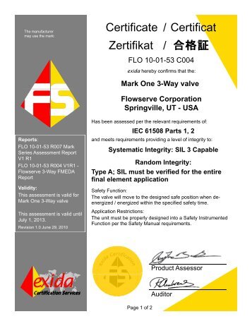 FLO 10-01-53 C004 Mark One 3-Way 61508 Certificate Jun ... - Exida