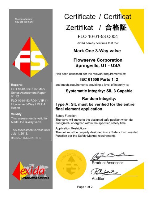 FLO 10-01-53 C004 Mark One 3-Way 61508 Certificate Jun ... - Exida
