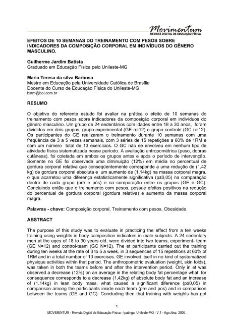 efeitos de 10 semanas do treinamento com pesos sobre  - Unileste