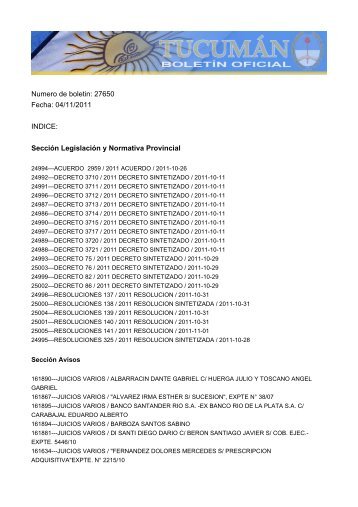 Numero de boletin: 27650 Fecha: 04/11/2011 INDICE: SecciÃ³n ...