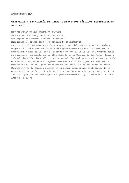 Numero de boletin: 27537 Fecha: 26/05/2011 INDICE: SecciÃ³n ...