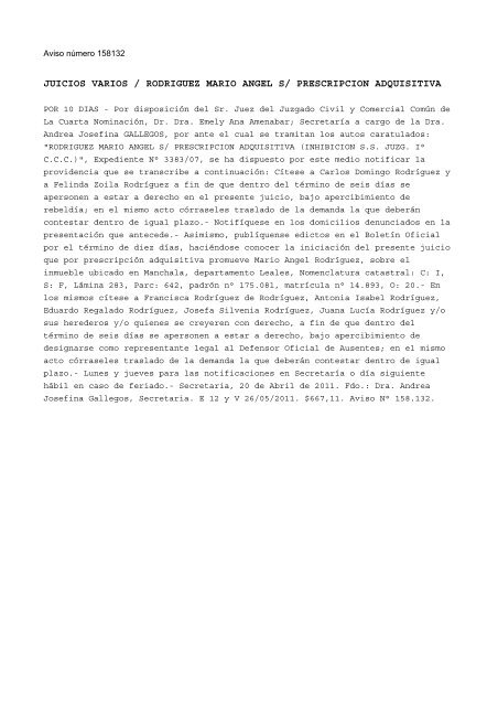 Numero de boletin: 27537 Fecha: 26/05/2011 INDICE: SecciÃ³n ...